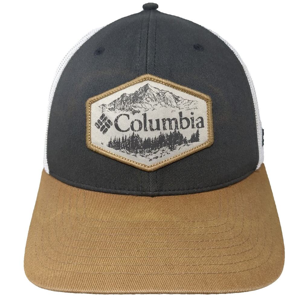 Columbia Trucker Hat Gray White Brown One Size Mesh Snapback Mountain Patch